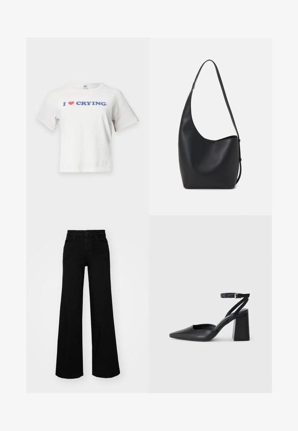 BDG Urban Outfitters CRYING BABY - Potiskana majica - white; Črne široke denim hlače s strukturiranim pasom, z zankami za pas in sprednjimi žepi. Gladka tekstura s klasičnim dizajnom.; Črne usnjene klasične čevlje z ostrim nosom, z zaponko za gleženj in debelim peto. Ravna tekstura, eleganten dizajn in minimalistična estetika.; Črna usnjena hobo torba z gladko teksturo, ukrivljeno obliko in eno nastavljivo naramnico; ima širok odprtina na vrhu.