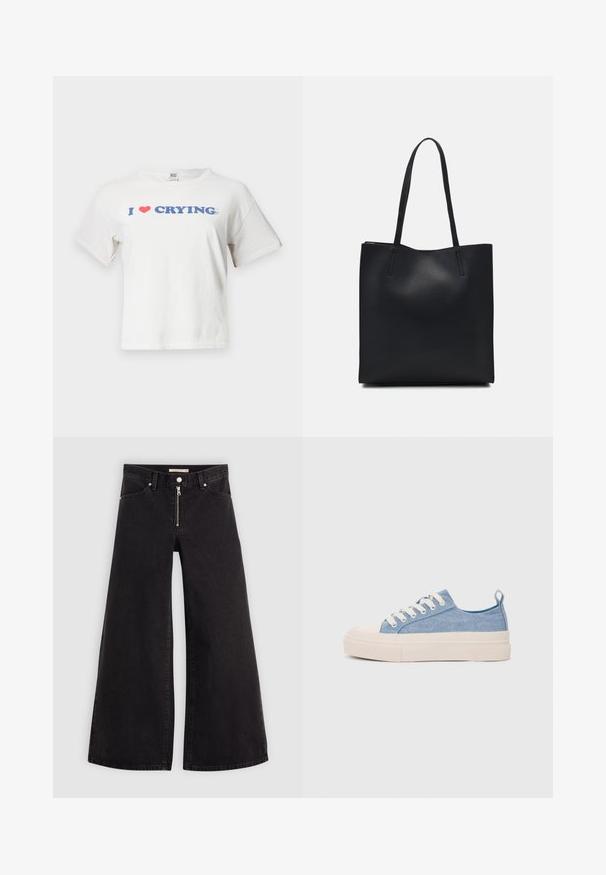 BDG Urban Outfitters CRYING BABY - Marškinėliai su spaudiniu - white; Plačios kojų džinsai iš juodo džinsinio audinio su užtrauktuku priekyje, penkių kišenių dizainu ir subtiliais siuvinėjimo akcentais. Lygus paviršius ir laisvalaikio stilius.; Šviesiai mėlyni drobės sportbačiai su kreminiu guminiu pirštų apsaugos ir pado elementu, balti raišteliai ir kilpa ant kulno.; Juodas odinis tote krepšys su lygia tekstūra, stačiakampio formos ir dviem ilgais rankenomis. Matomų metalinių detalių ar puošybos nėra.