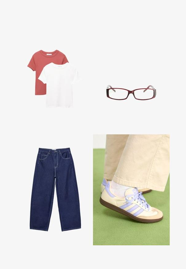 Twee T-shirts met korte mouwen; één in terracotta met een ronde hals, en één in het wit. Beide zijn gemaakt van een zachte katoen.; Donkerblauwe denim wijde been broek met een hoge taille, vijf zakken en contrasterende witte stiksels. Gladde textuur, klassiek ontwerp.; Crème- en lavendel-sneakers met drie strepen en een gestructureerde bruine zool, voorzien van veters en een gewatteerde hiel. Zachte stoffen bovenkant.; Rode rechthoekige bril met een slank ontwerp. Heldere lenzen, lichtdoorlatende slaapjes en een verloop van rood naar grijs.