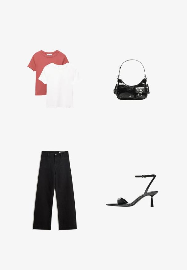 Twee T-shirts met korte mouwen; één in terracotta met een ronde hals, en één in het wit. Beide zijn gemaakt van een zachte katoen.; Zwarte denim broek met wijde pijpen en een hoge taille, voorzien van voor- en achterzakken, gestikte naden en een knoopsluiting. Gladde textuur.; Bershka Sandalen met hoge hak - black; Zwarte laarzen in lakleer met een gebogen vorm, één schouderband, voorvakken en accenten in zilverkleurig metaal.