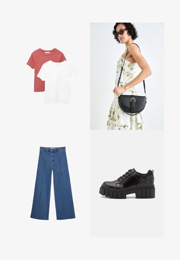 Två kortärmade T-shirts; en i terrakotta med rund hals och en i vit. Båda har ett mjukt bomullsmaterial.; Vidbenade denimjeans i medelblått, med hög midja, knäppning och kontrasterande vertikala sömdetaljer längst fram.; Svarta läderplattformsskor med en kraftig blockklack, rund tå och traditionell snörningsdesign. Har en slät textur och minimal detaljering.; Svart läderhandväska med en böjd form, avtagbar rem och guldiga detaljer. Väskan har ett lock med en spänndetalj.