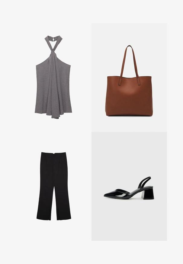 Grauer Haltertop aus strukturiertem Stoff, mit Knotendetail am Ausschnitt und fließendem, drapiertem Design am Oberkörper.; Schwarze Hose mit geradem Schnitt, ausgestattet mit Fronttaschen und Seitenschlitzen am Saum. Hergestellt aus weichem, glattem Stoff. Geeignet für verschiedene Anlässe.; Schwarze Lackleder-Slingback-High Heels mit spitzem Schuh und einem geometrischen Blockabsatz. Verfügt über ein schlankes, minimalistisches Design und eine glatte Textur.; Braune Leder-Tote mit glatter Textur, offenem Oberteil und zwei Schulterriemen. Verfügt über minimale Nähte und keine sichtbaren Beschläge.
