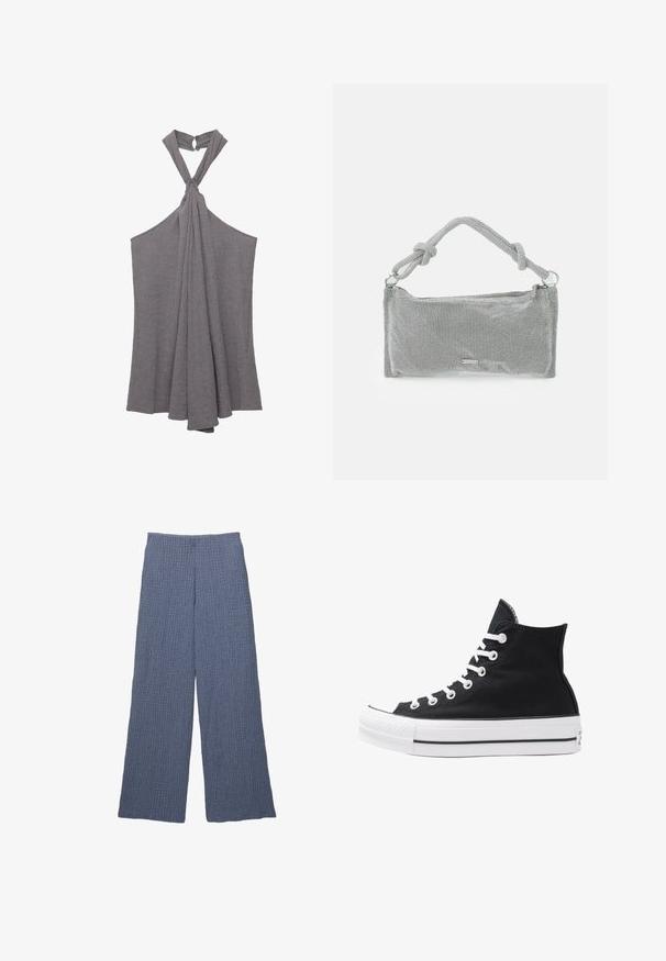 Grauer Haltertop aus strukturiertem Stoff, mit Knotendetail am Ausschnitt und fließendem, drapiertem Design am Oberkörper.; Blaue, strukturierte weite Hose mit gerippter Optik, hoher Taille und lockerer Passform, ideal für die Freizeit.; Schwarze High-Top-Canvas-Sneaker mit weißen Ösen, Schnürsenkeln und Gummisohle. Verfügt über eine strukturierte Zehenkappe und schwarz-weiße Streifenakzente.; Silberne Netz-Handtasche mit einem geknoteten Griff, rechteckiger Form, strukturiertem Oberflächen und Reißverschluss. Einfaches, modernes Design mit minimalen Akzenten.