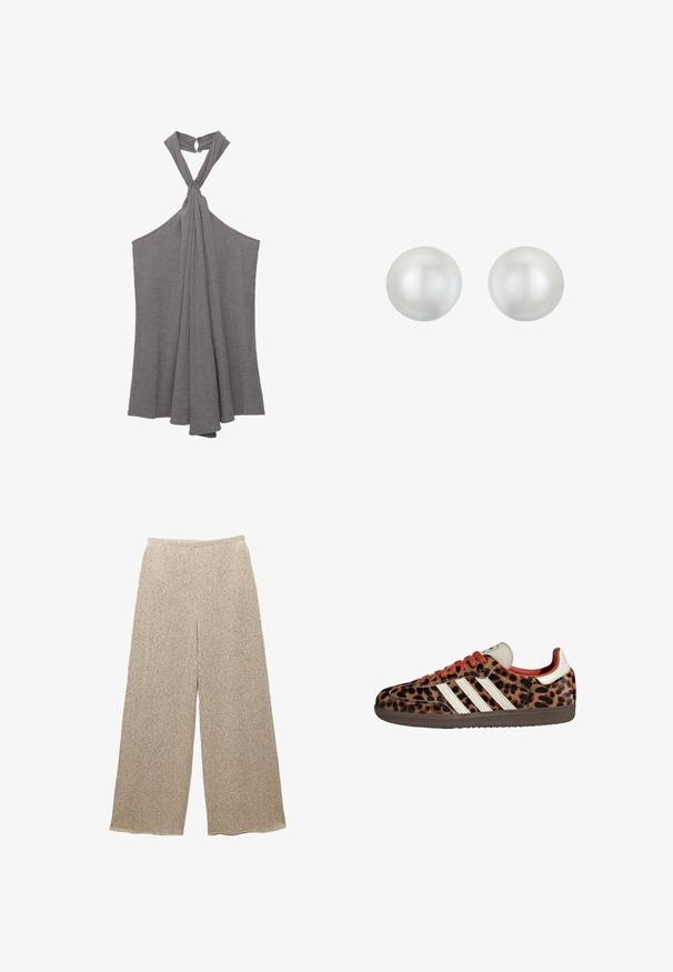 Szary top na halter wykonany z teksturowanej tkaniny, z detalem w postaci węzła przy dekolcie i zwiewnym, luźnym fasonie w okolicy torsu.; Beżowe spodnie o szerokich nogawkach, wykonane z teksturowanej tkaniny z subtelnym wzorem. Posiadają luźną talię i swobodny krój, zapewniając komfort i swobodę noszenia.; Sneakers w nadrukiem lamparta z zamszowego materiału, czerwonymi sznurówkami i trzema białymi paskami z boku. Wyróżniają się kremowym językiem i brązową podeszwą.; Okrągłe, białe perłowe kolczyki o gładkiej, błyszczącej powierzchni. Każda perła wykazuje subtelny połysk i jednolity kształt, idealne na formalne okazje.