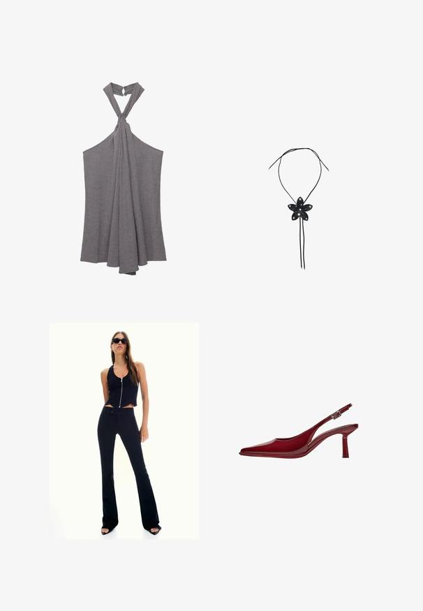 Gray halter top made from textured fabric, featuring a knot detail at the neckline and flowing, draped design at the torso.; Black cropped tank top with a front zipper, paired with high-waisted black flared pants. Model wears dark sunglasses and high-heeled sandals.; Bershka Classic heels - dark red; Black leather necklace featuring a flower pendant with five petal shapes and silver accents in the center, secured with adjustable cords.