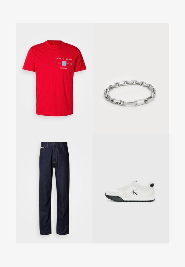 Červené bavlněné tričko s kulatým výstřihem, krátkými rukávy a potiskem loga v bílé a modré barvě s textem "od roku 1968".; Tmavomodré džínové kalhoty se střihováním rovného nohavice, s knoflíkovým zapínáním, pěti kapsami a kontrastním prošíváním.; Bílé tenisky Calvin Klein s černou podešví, semišovými a síťovinovými panely, logo CK na boku a branding Calvin Klein na patě a podešvi.; Stříbrný řetízek na zápěstí se zaoblenými a obdélníkovými články s hladkým povrchem. Vyrývané logo Calvin Klein na plochém článku.