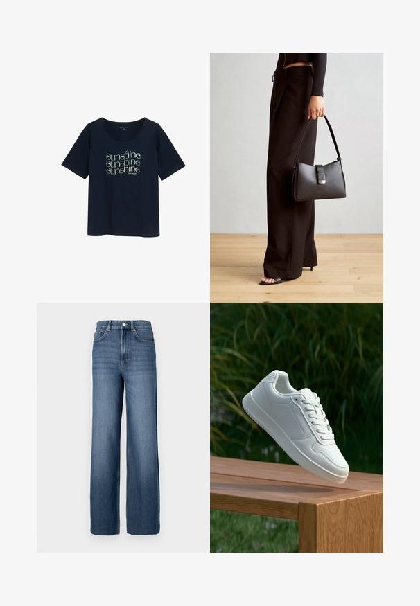 Mørkeblå kortærmet T-shirt med rund halsudskæring, prydet med gentaget tekstdesign "sunshine" i lys grøn, fremstillet af blødt bomuldsmateriale.; Blå denimjeans med høj talje og vidde ben. Har et klassisk fem-lomme design og metal knapdetaljer.; Hvid sneaker med en glat syntetisk overdel, perforeret tåboks, flade snørebånd og en tekstureret sål, præsenteret på en træoverflade.; Sort håndtaske med struktureret form, glat overflade og metalspænde. Sammen med brede sorte bukser og sandaler med åben tå på trægulv.