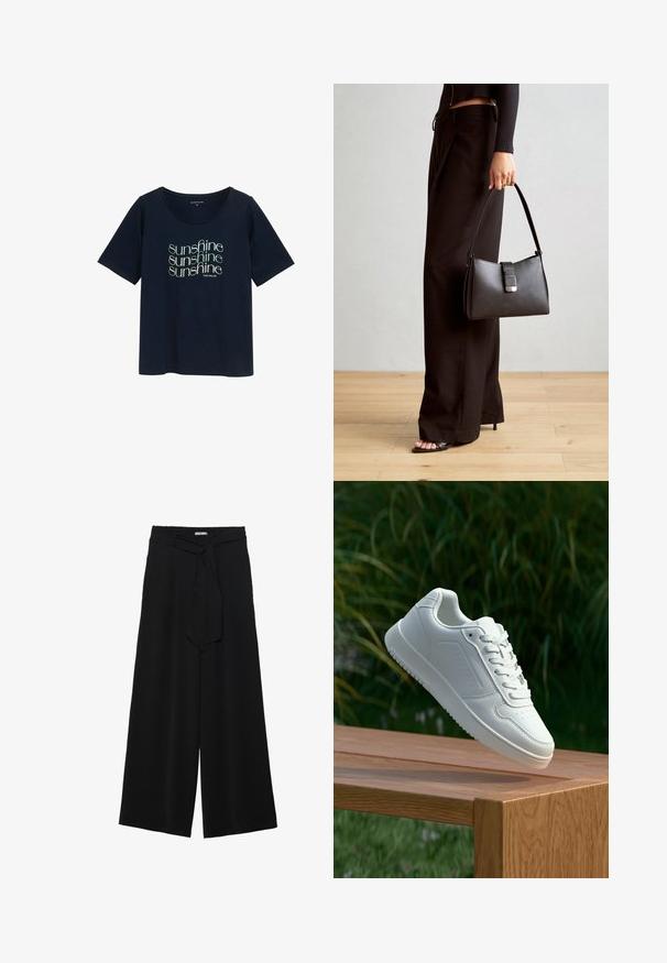Tumedat sinise värvi lühikeste varrukatega T-särk ümmarguse kaelusega, millel on korduv tekstidisain "päike" helesinisena, valmistatud pehmest puuvillast materjalist.; Mustad laiad püksid, millel on tekstureeritud kangas, elastne vöökoht ja eemaldatav pael vööst, et reguleerida sobivust.; Valged sneakerd, millel on sile sünteetiline ülemine osa, väikeste aukudega varvaskast, lamedad paelad ja tekstuuriga tald, eksponeeritud puidust pinnal.; Must musta kott, millel on struktureeritud kuju, sile tekstuur ja metallist klamber. Kombineeritud laiate mustade pükstega ja avatud varvaste sandaalidega puidust põrandal.