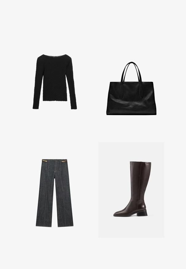 Svart långärmad tröja med ett texturerat, vävt mönster och en bred, båtformad urringning. Har en rak, avslappnad passform.; Mörk tvättade denimbyxor med vida ben och hög midja. Har synlig sömnad, knappstängning och en unik kedjedetalj vid midjan.; Knähöga bruna läderstövlar med en slät finish, rund tå och en staplad svart klack. Enkel design med minimala hårdvarudetaljer.; Svart läder tote-väska med två förlängda handtag, en strukturerad form, slät textur och minimalistisk design. Inga synliga beslag eller detaljer.