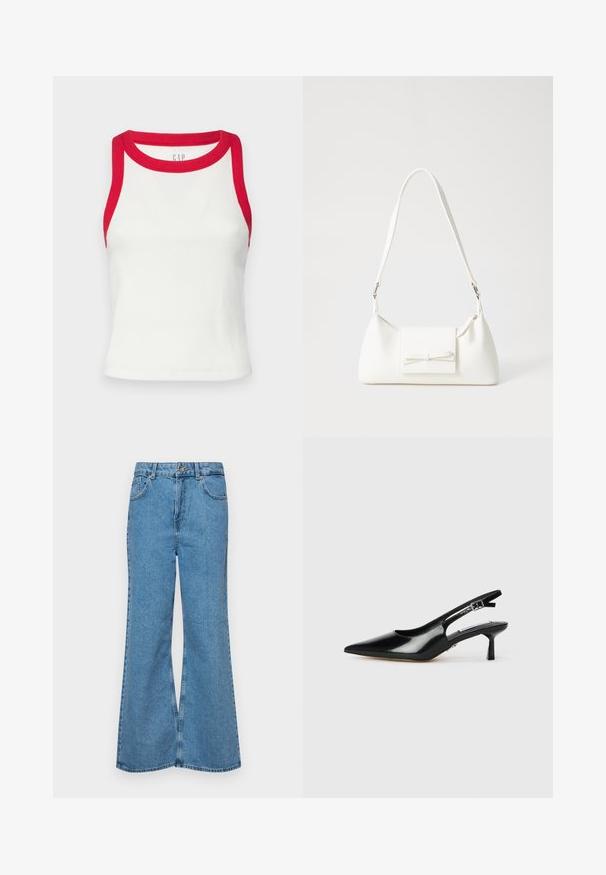 Débardeur blanc côtelé avec des bordures rouges au niveau du cou et des emmanchures. Présente une coupe ajustée et un ourlet droit. Tissu texturé. Logo de la marque visible.; Jean flare bleu clair en denim, avec une taille haute, cinq poches et une fermeture à un bouton. Texture douce avec une finition décolorée.; Escarpins à talons slingback en cuir verni noir avec un bout pointu, un talon fin et une sangle réglable. Texture lisse avec un détail minimal.; Sac à main synthétique blanc en forme triangulaire, avec un rabat avant plat et un détail en nœud, une bandoulière ajustable, une texture lisse et un design minimaliste.