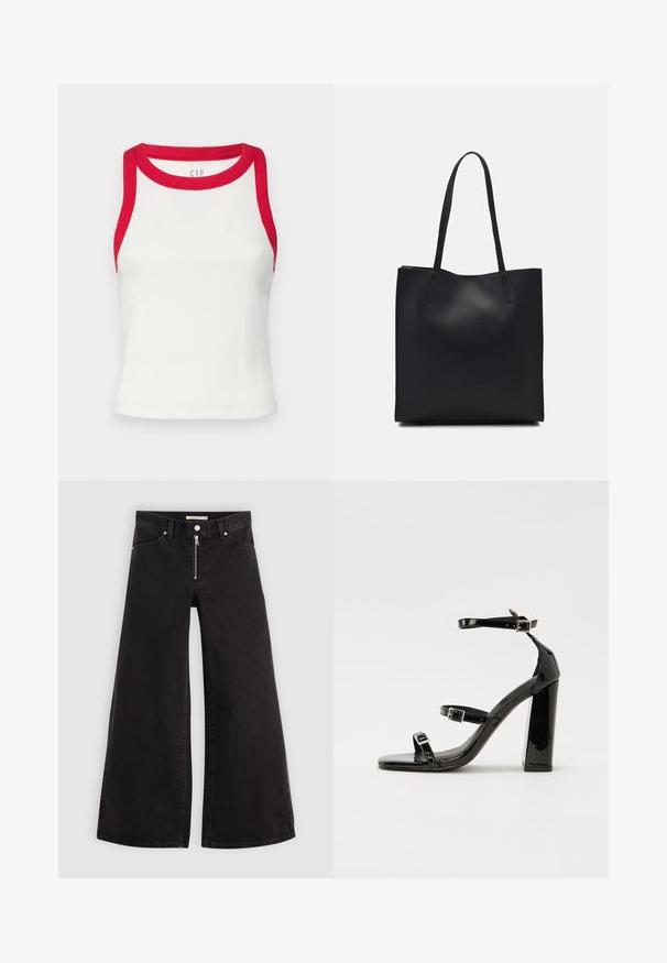 Top corto bianco a coste con rifiniture rosse sul collo e sulle aperture delle maniche. Presenta un design aderente e un orlo dritto. Tessuto testurizzato. Logo del marchio visibile.; Jeans a gamba larga in denim nero con chiusura a zip, design a cinque tasche e dettagli di cucitura sottili. Texture morbida e stile casual.; Sandali con tacco in vernice nera, con punta squadrata, cinturini alla caviglia e fibbie in argento. Presentano un tacco a blocco spesso per maggiore stabilità.; Borsa tote in pelle nera con texture liscia, forma rettangolare e due manici lunghi. Nessun hardware o decorazione visibile.