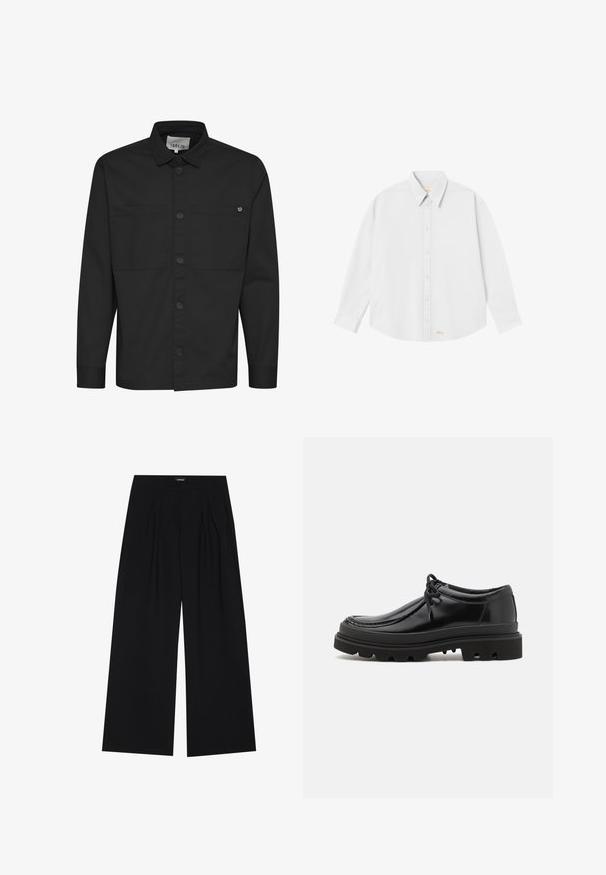 Sort langærmet skjorte med knapåbning, to brystlommer og spids krave. Fremstillet af glat stof med en mat overflade.; Hvid skjorte med knapper og klassisk krave, lange ærmer og rundet kant; har lille orange logo nederst til venstre.; YOURTURN UNISEX - Bukser - black; Sorte læder derby-sko med et strømlinet design, rund tå og struktureret gummisål med dybe riller for bedre greb.