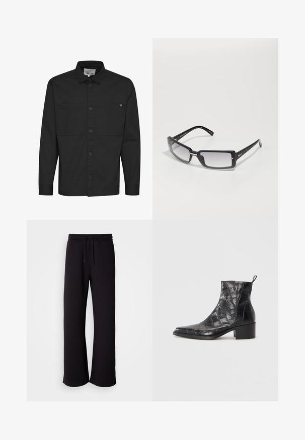 Black long-sleeve shirt featuring a button-up front, two chest pockets, and a pointed collar. Made from smooth fabric with a matte finish.; Black sweatpants made of soft material, featuring a drawstring waist, loose fit, and straight leg design. Minimalist style with no patterns.; Black ankle boots made from textured faux leather with a crocodile pattern, featuring a square toe and a block heel.; Black rectangular sunglasses with a gradient lens, featuring a thick frame and metal accent details on the arms. Smooth texture throughout.