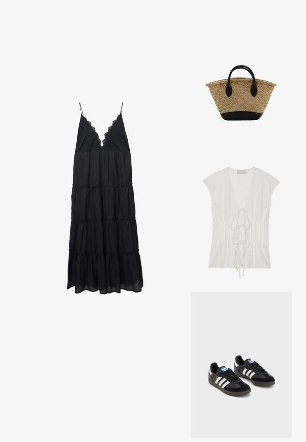 Hvid kortærmet top med en dyb V-udskæring og frontsløjfedetalje. Stof har en glat tekstur med lodrette plisseringsdetaljer.; Sort lagdelt kjole lavet af letvægtsmateriale, med en V-halskant pyntet med blondelace og tynde stropper. Let og svævende med lagdelte flæser forneden.; Sorte sneakers med en overdel i ruskind og syntetisk materiale, med tre hvide striber, struktureret gummisål og en blå logoetiket på tungen.; Vævet stråkurv med en udvidet form, der har en sort læderbund og håndtag. Teksturerede naturlige fibre med glatte sorte detaljer.