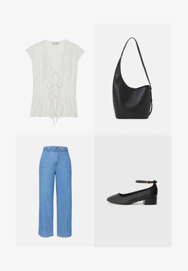 Bílý krátký rukáv top s hlubokým V-výstřihem a detailem vázání vpředu. Tkanina má hladkou texturu a vertikální sklady.; Světle modré denimové kalhoty s širokými nohavicemi a páskem v pase, dvěma předními kapsami a hladkým povrchem. Mají minimalistický design a čisté linie.; Černé kožené lodičky s špičatou špičkou a nízkým blokovým podpatkem. Obsahují pásek kolem kotníku se zlatou sponou. Hladký povrch.; Černá kožená hobo taška s hladkým povrchem, zakřiveným tvarem a jedním nastavitelným popruhem; má široké otevírání nahoře.
