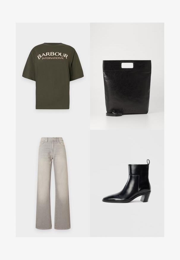 Olivroheline ülisuur T-särk, mis on valmistatud puuvillast, sellel on seljal kreemika värviga graafika "BARBOUR INTERNATIONAL", lühikesed varrukad ja ümar kaelus.; Hallide lai püksid hallis toonis, kahvatu viimistlusega, nööbiga kinnitamine, viie tasku disain ja õmbluste äärtes kaunistus.; Must musta saapad terava nina, geomeetrilise kuuega ja tagaküljel tõmberaudaga. Sile tekstuur ja läikiv disain.; Must mustrikotest läikega must nahast kott ruudukujulise käepidemega, millel on tekstuuriga viimistlus ja reljeefne logo. Kohandatav rihm on eemaldatav.