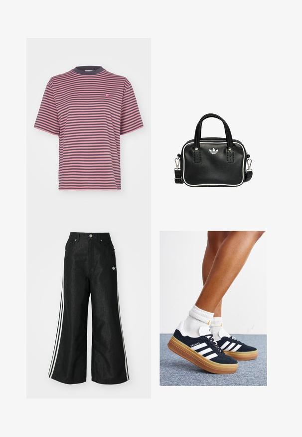 Carhartt WIP VERNER - Tričko s potlačou - graphite/dusty rose; Čierne džínsy s širokým strihom, s tromi bielymi pruhmi po stranách a malým bielym logom. Obsahujú predné vrecká a zapínanie na gombík.; Čierne semišové tenisky s bielymi pruhmi a detailmi, so zaoblenou špičkou, podrážkou z gumovej gumy, doplnené bielymi rebrovanými ponožkami.; Čierna kožená kabelka s dvoma krátkymi držadlami, striebornými kovovými doplnkami, bielymi akcentmi a bielym logom. Vyznačuje sa textúrovaným povrchom a kompaktným dizajnom.