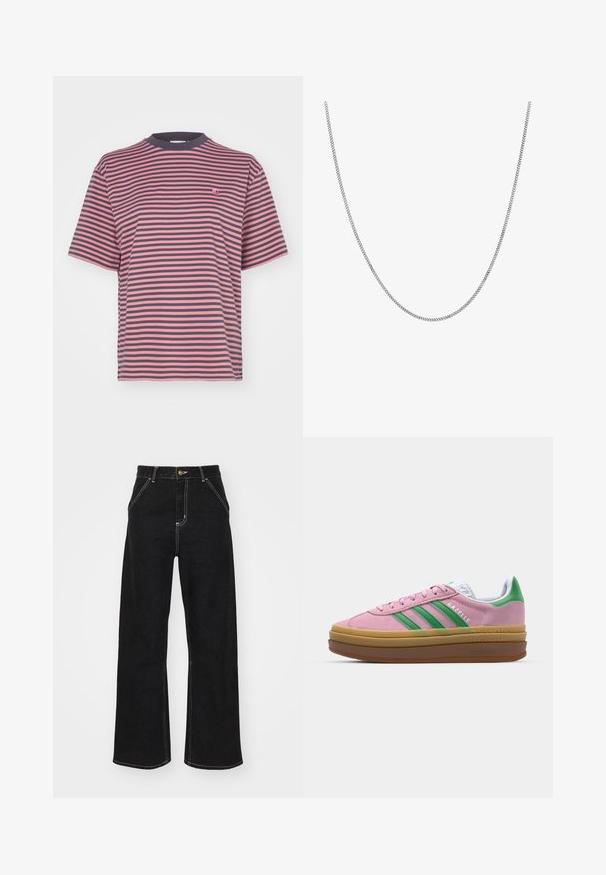 Carhartt WIP VERNER - Trükipildiga T-särk - graphite/dusty rose; Mustmustest mustadest denimist, millel on kontrastsed valged õmblused ja esine nupp, kahe nurga all asuva esipocketiga.; Roosa nahast tossud roheliste triipude, valgete aktsentide ja pruuni kummitaldiga. Omavad tekstuuriga kangast ja logo detaile külgedel.; Hõbedane kettkaelakee sujuva, ümmarguse lame lingikujundusega. Omab läikivat viimistlust ja mõõdab ligikaudu 20 tolli pikkust.