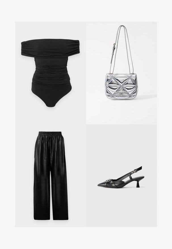 Bodysuit preto com ombros à mostra e franzido, com fechos de pressão na zona da virilha, disposto sobre um fundo branco.; Calças largas de couro preto com cintura elástica, apresentando dois bolsos laterais e uma textura suave e brilhante.; Sapato slingback em couro preto com biqueira fina, tiras decorativas com ilhós de metal e um pequeno salto quadrado. Superfície texturizada.; Bolsa cruzada metálica prateada com um design geométrico quilted, aba plana e alça ajustável com detalhes em metal prateado.
