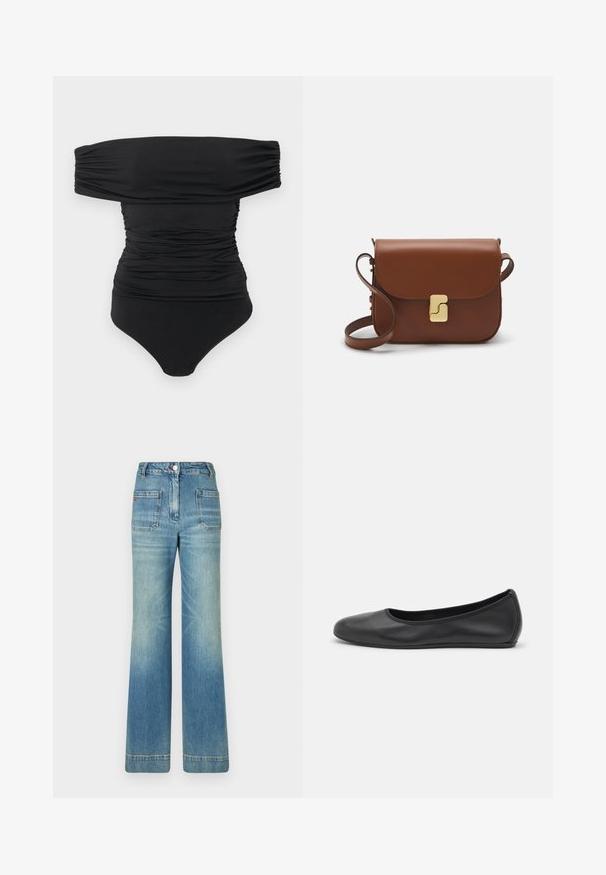 Černý bodysuit bez ramínek s nařasením a zapínáním na patentky v rozkroku, uložený na bílé podložce.; Světle modré džíny s rozšířenými nohavicemi, pěti kapsami, poutky na opasek, zapínáním na knoflík a mírně vybledlou texturou, s červeným logem na zadní straně.; Černé kožené baletní byty s kulatou špičkou, hladkou texturou, minimálními švy a flexibilním designem podrážky.; Hnědá kožená kabelka s klopou, zlatými kovovými detaily, ramenním popruhem a hladkým povrchem. Kompaktní obdélníkový tvar.