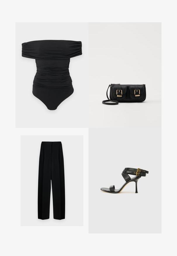 Schwarzer schulterfreier, geraffter Bodysuit mit Druckknopfverschluss im Schritt, flach auf einem weißen Hintergrund ausgelegt.; Schwarze weit geschnittene Hosen mit hoher Taille, die Falten und eine glatte Textur aufweisen. Der Stoff wirkt leicht und fällt elegant.; Schwarze Absatzsandale mit gekreuzten Riemen und verstellbarem Schnallenverschluss. Sie verfügt über eine glatte Textur und einen schmalen Stiletto-Absatz.; Schwarze Leder-Umhängetasche mit zwei vorderen Taschen, goldenen Schnallen, Reißverschluss und einem schmalen Tragegurt. Texturierte Oberfläche und kompakte rechteckige Form.
