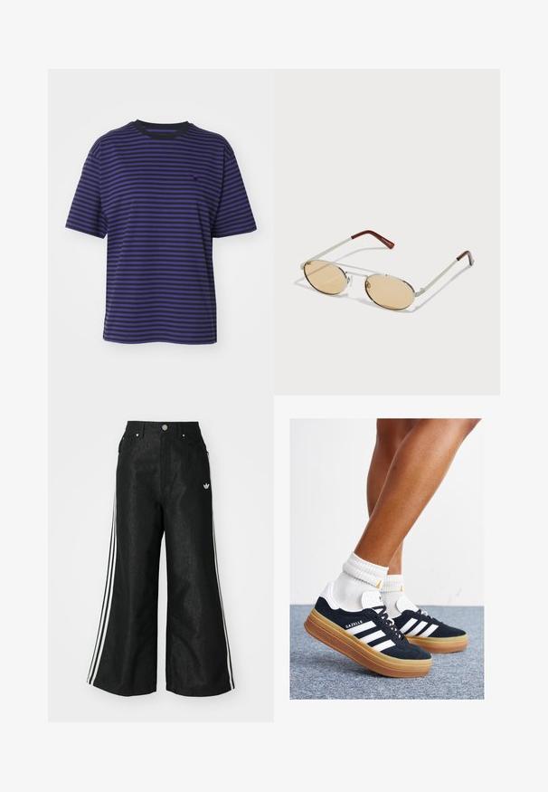 Carhartt WIP VERNER - Print T-shirt - black/aura; Black wide-leg denim pants with three white stripe accents on each side and a small white logo. Features front pockets and a button closure.; Black suede sneakers with white stripes and accents, rounded toe, gum rubber outsole, paired with white ribbed crew socks.; Metal sunglasses with oval, light brown tinted lenses. Slim silver frame with textured accents and reddish-brown tips on the arms.