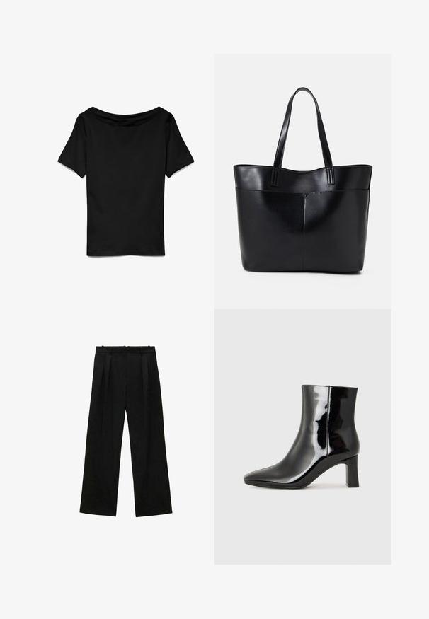 Musta, lyhythihainen t-paita, jossa on leveä, olkapäiltä avara kaula-aukko. Sileä pinta, rento malli, yksinkertainen muotoilu ilman lisäkuvioita tai koristeita.; Mustat leveälahkeiset housut, joissa on pleateja, sileä textuuri ja korkea vyötärömalli. Minimalistinen tyyli, ei näkyvää varustelua tai koristeita.; Musta patenttilakattu nilkkuri, jossa on terävä kärki ja keskipitkä lohkarekorko. Silkkinen pinta ja minimalistinen muotoilu.; Musta nahkainen kassi, jossa on kaksi pitkää kahvaa, sileä pinta ja jämäkkä muoto. Sisältää etutaskun lisävarastointia varten.