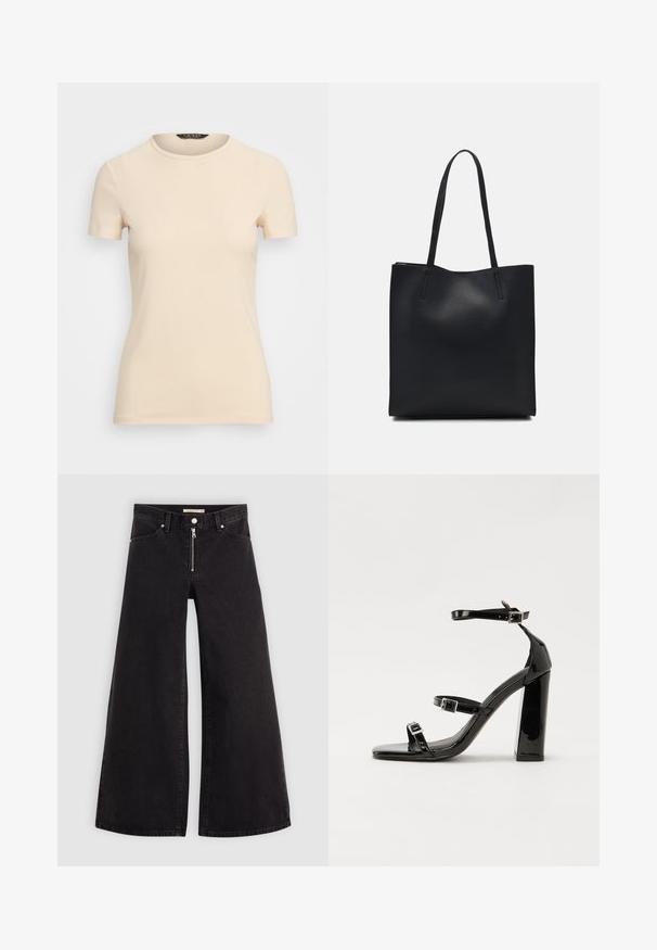 Majica kratkih rukava, s okruglim izrezom, u svijetloj bež boji. Izrađena od glatkog, rastezljivog materijala s prilagođenim krojem. Nema vidljivih uzoraka ili ukrasa.; Široke traperice od crnog denima s prednjim zatvaračem, dizajnom s pet džepova i suptilnim detaljima šivanja. Glatka tekstura i ležeran stil.; Crne lakirane sandale na pete sa kvadratnim nosom, trakama oko gležnja i srebrnim kopčama. Imaju čvrst blok petu za stabilnost.; Crna kožna torba za nošenje s glatkom teksturom, pravokutnim oblikom i dvije duge ručke. Nema vidljivih metalnih dijelova ili ukrasa.
