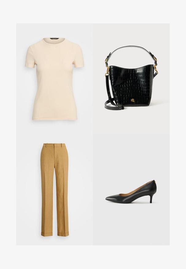 T-shirt κοντό μανίκι, με στρογγυλή λαιμόκοψη σε ανοιχτό μπεζ χρώμα. Φτιαγμένο από λείο, ελαστικό ύφασμα με εφαρμοστή γραμμή. Χωρίς ορατά σχέδια ή διακοσμητικά στοιχεία.; Polo Ralph Lauren YARD LINEN FULL FLAT FRONT - Παντελόνι - sand dune; Μαύρο δερμάτινο τακούνι με μυτερή μύτη, χαμηλό τακούνι και λεία υφή. Διαθέτει ελαφρύ άνοιγμα στο μπροστινό μέρος και ελάχιστο υλικό στο πίσω μέρος.; Μαύρη τσάντα από δέρμα με ανάγλυφο σχέδιο κροκοδείλου, με καμπυλωτό σχήμα, χρυσές μεταλλικές λεπτομέρειες, ρυθμιζόμενη θήκη και λεπτομέρεια λογότυπου στο μπροστινό μέρος.