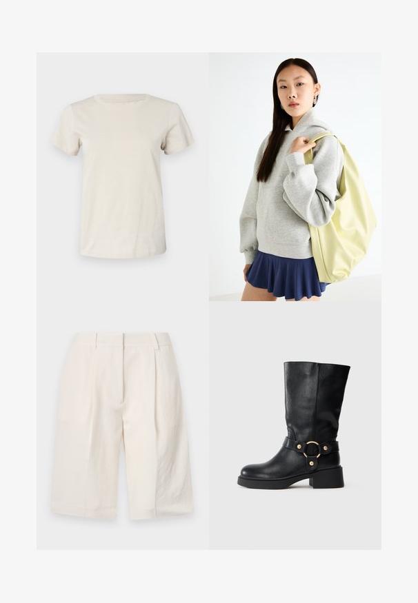 Light beige short-sleeve cotton t-shirt with a round neckline and subtle front text detail. Smooth texture and relaxed fit.; White linen shorts with a tailored design, pleated front, and wide leg openings. Smooth texture and mid-thigh length.; Black mid-calf leather boot with chunky heel and decorative strap featuring a gold circular buckle on a white background.; Gray oversized hoodie with a kangaroo pocket, paired with a navy flared skirt. Accessory: large light yellow backpack, smooth texture.