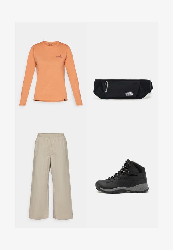 Patagonia DAILY GRAPHIC - Topper langermet - rock melon; Videbukser i lys beige stof med elastisk talje, glat tekstur og uden synlige hardware eller mønstre.; Sorte turstøvler med mid-topp design, som har en teksturert overdel, grå detaljer og slitesterk gummisåle med godt grep.; The North Face SUNRISER RUN BELT UNISEX - Rumpetaske - black/white