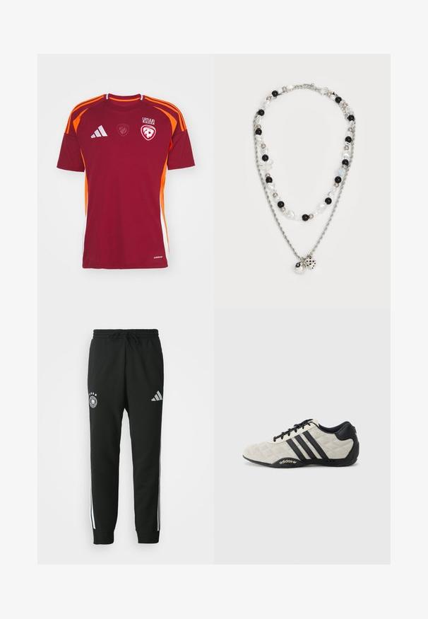 adidas Performance LATVIAN LFF HOME - Fodboldtrøjer - team burgundy; Sorte sweatpants med snørre i taljen, med hvide sidelæg, et emblem med fem stjerner og et Adidas-logo på låret.; Adidas sportssko med en struktureret, lysegrå overdel og sorte læderdetaljer. Har et sort tre-stribes logo og en polstret sål.; To-lags halskæde med sølvkæde, blandede perler i sort, hvid og creme, samt dekorative charms, der ligner terninger og en bold.