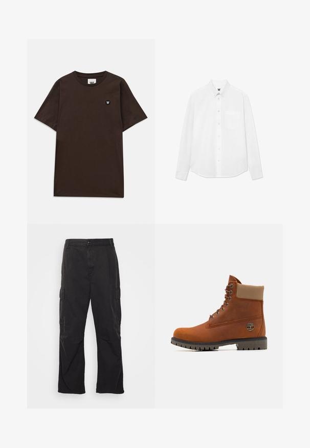 T-shirt a maniche corte di colore marrone scuro con scollatura rotonda e una piccola toppa logo nero e bianco sul lato sinistro del petto.; Camicia bianca a maniche lunghe con bottoni, colletto, taschino frontale e una texture sottile. La parte frontale è dotata di bottoni e un piccolo dettaglio del logo.; Pantaloni cargo neri con design a gamba dritta, dotati di due tasche laterali, chiusura con bottone e un tessuto testurizzato.; Timberland Stivaletti stringati - medium orange