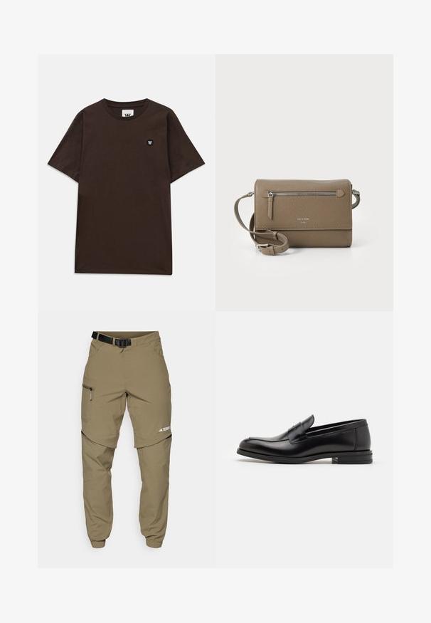 Ciemnobrązowa koszulka z krótkim rękawem z okrągłym dekoltem i małą czarno-białą łatką z logo na górnej lewej stronie klatki piersiowej.; Khaki spodnie outdoorowe z regulowanym czarnym paskiem, zamykanymi kieszeniami, zwężanymi nogawkami oraz odpinanymi dolnymi nogawkami, co umożliwia różnorodne stylizacje.; Czarne skórzane mokasyny o gładkiej fakturze, zaokrąglonym nosku i dekoracyjnym pasku na przodzie. Niski, warstwowy obcas, minimalistyczny design.; Taupe skórzana torebka na ramię z zamkiem błyskawicznym z przodu, regulowanym paskiem, teksturą przypominającą drobne kamyki oraz wytłoczonym logo z przodu.