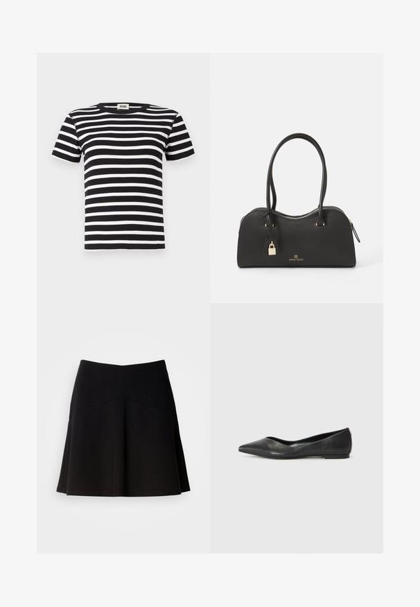 Svart och vit randig t-shirt med kort ärm, ribbat mönster, klassisk rundhalsdesign, med horisontella ränder i varierande bredder.; Ljusblå långärmad skjorta med vita vertikala ränder, knäppbar krage och knappstängning framtill; slät tyg med strukturerad design.; Svart utsvängd kjol i mjukt tyg, med en figursydd midja och sömdekorationer. Slät textur med en enkel, klassisk design.; Svart läderballettskor med spetsig tå, låg klack och slät yta. Minimalistisk design med en subtil sidopunkt.; Svart handväska med jämn textur, rundad form, dubbla handtag, guldfärgade beslag och en liten låsdetalj. Märkesnamnet "ANNA FIELD" visas.; Silverfärgade hängande örhängen med en slät, polerad yta. Designen inkluderar en tårform med sammanlänkade sektioner.