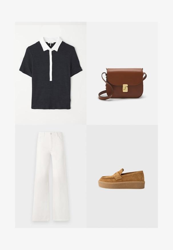 Navy blue short-sleeve polo shirt with a white collar, featuring a buttoned placket and a textured fabric. Classic design and fitted shape.; White, high-waisted wide-leg jeans made of denim. Features a button closure, two front pockets, and side seams with stitching details.; Brown suede loafer with a round toe, featuring a ribbed platform sole and a decorative strap across the upper.; Brown leather handbag with a flap closure, gold-tone hardware, a shoulder strap, and a smooth texture. Compact rectangular shape.