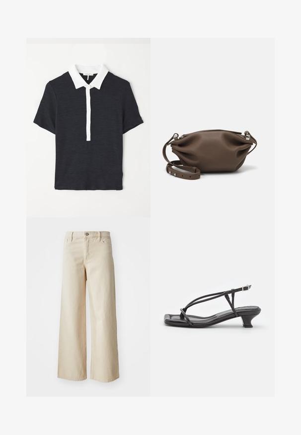 Polo-shirt bleu marine à manches courtes avec un col blanc, comportant une patte de boutonnage et un tissu texturé. Design classique et coupe ajustée.; Jean large beige en denim, avec une taille haute, fermeture à bouton, passants de ceinture et poches latérales. Texture lisse et coupe décontractée.; Sandal en cuir noir avec des fines lanières, un petit talon carré et un bout carré. Dispose d'une fermeture à boucle et d'une texture lisse.; Sac à main en cuir marron avec un design souple et structuré, doté d'une fermeture éclair en haut et d'une bandoulière réglable avec des accents en métal argenté.; Boucles d'oreilles en perles argentées avec une forme incurvée en haricot. Surface lisse et brillante, maintenues par une fermeture à tige et à dos.