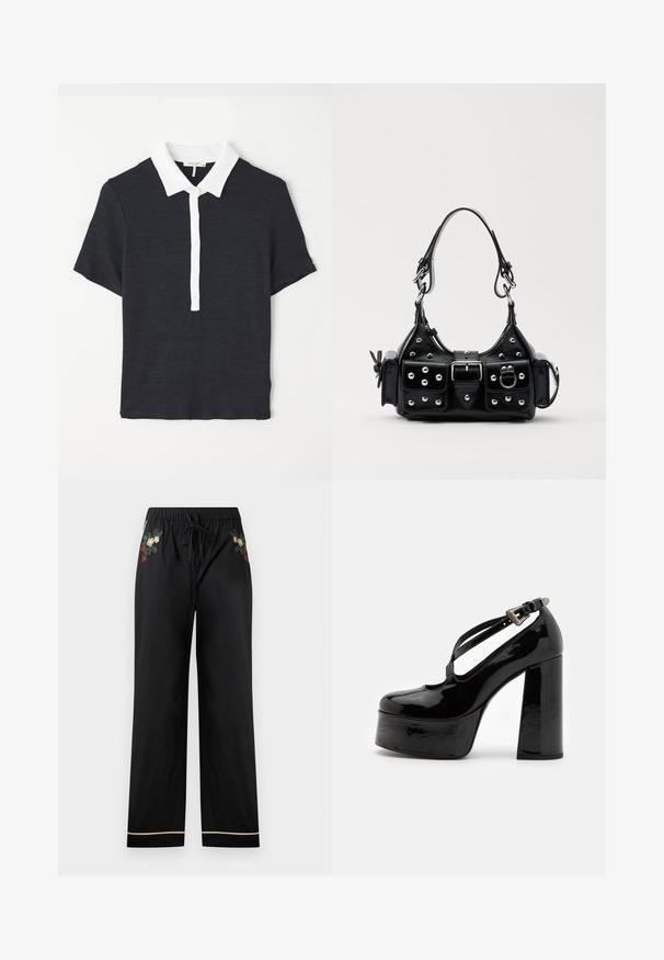 marineblaue Kurzarm-Polohemd mit weißem Kragen, ausgestattet mit einer geknöpften Blende und einem strukturierten Stoff. Klassisches Design und taillierte Form.; Schwarze, weit geschnittene Hosen verfügen über einen elastischen Bund mit Kordelzug, bestickte florale Designs in verschiedenen Farben und einen kontrastierenden Saum.; The Kooples CHAUSSURES - High Heel Pumps - black; Schwarze Lederhandtasche mit einem geschwungenen Design, verziert mit silbernen Nieten, einer Schnalle und zwei seitlichen Taschen. Verstellbarer Träger für verschiedene Tragemöglichkeiten.