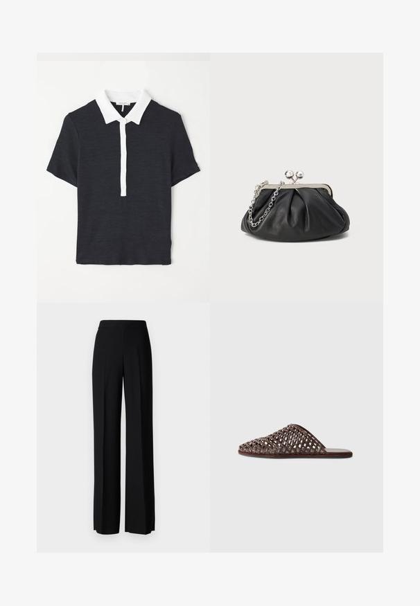 Mörkblå kortärmad pikétröja med vit krage, utrustad med en knappslå och ett strukturerat tyg. Klassisk design och figursydd passform.; Svarta vida byxor med en slät textur, med hög midja och centrala veck. Inga synliga mönster eller hårdvarudetaljer.; Brun vävd slide sandal med rund tå, öppen design, platt sula och texturerad yta. Lätt material och minimalistisk silhuett.; Svart läderclutch med rynkad struktur, silverfärgad metallram, lås med kysslås och kedjesnodd. Slät, mjuk yta.