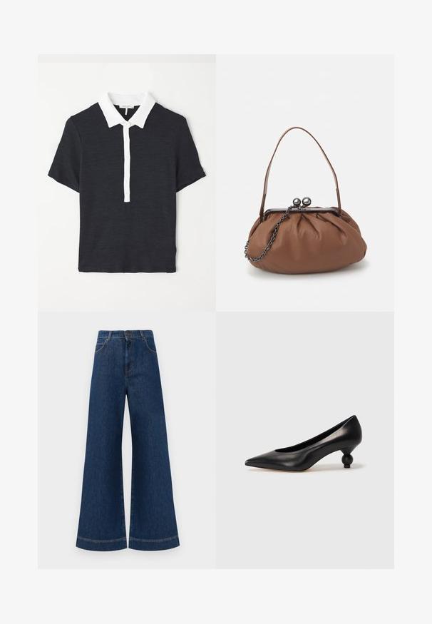 Navy blue short-sleeve polo shirt with a white collar, featuring a buttoned placket and a textured fabric. Classic design and fitted shape.; Wide-leg blue denim jeans with a high waist, featuring a button closure, belt loops, and subtle stitching details along the pockets and hems.; Black leather high heel shoe with a pointed toe and a round, balled heel. Smooth texture with a sleek, minimal design.; Brown leather handbag with a gathered design, a short leather handle, and a chain strap. Features a silver metal clasp with two round accents.