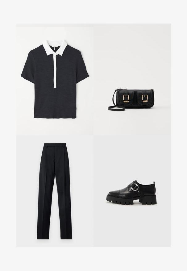 Mörkblå kortärmad pikétröja med vit krage, utrustad med en knappslå och ett strukturerat tyg. Klassisk design och figursydd passform.; Svarta byxor i mjukt tyg med hög midja, vida ben, framfickor och klassiska bältesöglor. Inga sidofickor synliga.; Svarta läderskor med en kraftig, ribbad sula, med en cirkulär silverdetalj och minimal sömdekoration.; Svart läderaxelväska med två framfickor, guldspännen, dragkedjestängning och en smal rem. Texturerad yta och kompakt rektangulär form.