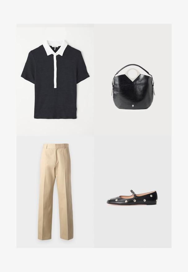 Polo-shirt bleu marine à manches courtes avec un col blanc, comportant une patte de boutonnage et un tissu texturé. Design classique et coupe ajustée.; Pantalons beiges ajustés avec une coupe droite, présentant une texture lisse, des plis centraux à l'avant et une taille classique.; Chaussure plate en cuir noir type Mary Jane avec un bout arrondi, ornée de clous ronds en argent et dotée d'une sangle réglable avec une boucle.; Sac en cuir noir avec une forme arrondie, une poignée supérieure circulaire et un détail de logo en argent. Texture lisse et fonction de design découpé notable.