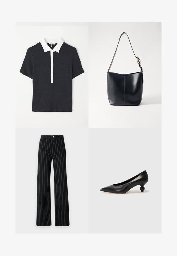 Marineblauwe polo met korte mouwen en een witte kraag, met een knoopsluiting en een gestructureerde stof. Klassiek ontwerp en getailleerde pasvorm.; Zwarte broek met wijde pijpen en verticale blauwe streepjes, met een klassieke vijf-pocketontwerp en een sluiting met knoop aan de voorkant.; Zwarte leren hoge hak schoen met een spitse neus en een ronde, bolle hak. Gladde textuur met een elegant, minimalistisch ontwerp.; Zwarte leren schoudertas met een gladde textuur, voorzien van een dunne, lange schouderband en een subtiele stiknaad in het midden.