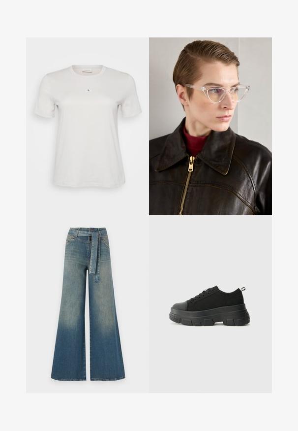 Biała bawełniana koszulka z krótkim rękawem, okrągłym dekoltem i małą naszywką z logo CK na piersiach. Gładka faktura materiału.; Szerokie spodnie dżinsowe z gradientem od jasnoniebieskiego do ciemnoniebieskiego, wysokim stanem, szlufkami na pasek oraz pasującym paskiem z tkaniny. Teksturowany wykończenie dżinsu.; Czarne sneakersy z masywną gumową podeszwą, teksturowaną górną częścią, okrągłym noskiem i sznurowanym zapięciem. Posiadają wzmocnione oczka i pętelkę z tyłu.; Przezroczyste okulary w kocim kształcie z żółtymi szkłami, noszone przez osobę w ciemnej skórzanej kurtce i czerwonym golfie. Gładka tekstura.