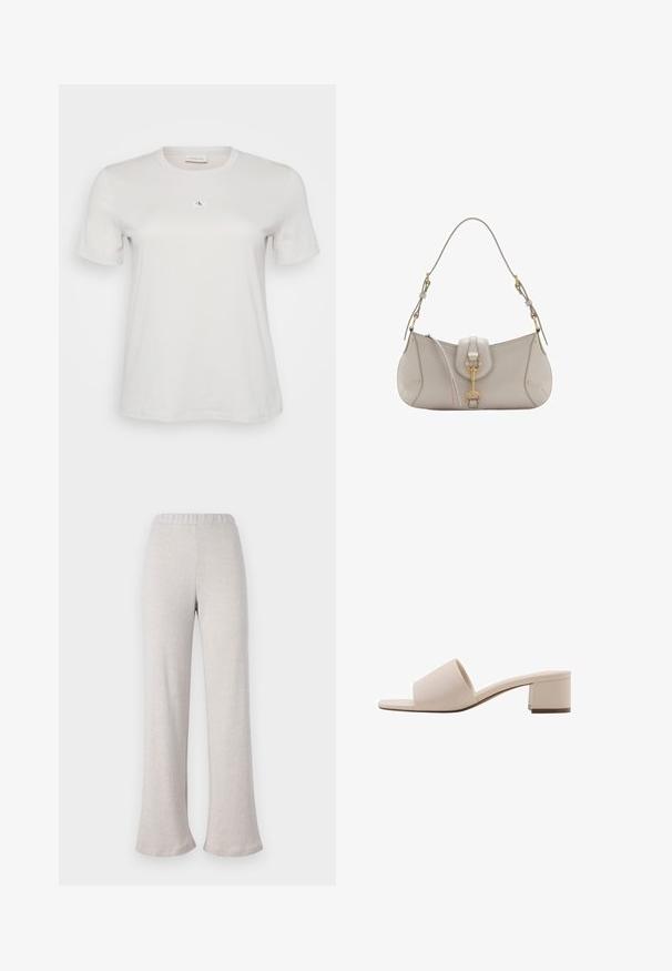 Biela bavlnená tričko s krátkymi rukávmi, okrúhlym výstrihom a malou nášivkou s logom CK na hrudi. Hladká textúra látky.; Svetlé béžové rozšírené nohavice vyrobené z textúrovanej látky, s elastickým pásom a širokým strihom, vhodné na každodenné nosenie.; Bežové sandále na blokovom podpätku s širokým remienkom a otvorenou špičkou. Hladký materiál a elegantný dizajn. Krátky, pevný podpätok pre stabilitu.; Svetlo šedá kožená kabelka s zakriveným tvarom, zlatými kovovými prvkami, predným zapínaním a prešitými detailmi. Súčasťou je nastaviteľný ramenný popruh.