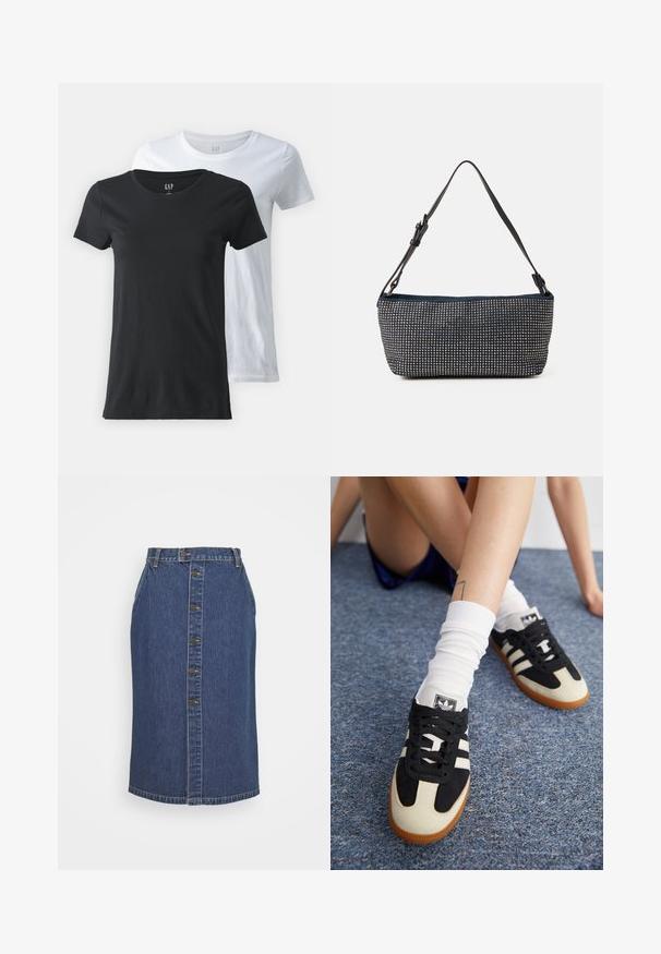 Zwei Rundhalsausschnitt-T-Shirts, eines schwarz und eines weiß, aus Baumwollstoff. Kurze Ärmel, glatte Textur und normale Passform.; Dunkelblaue Jeans-Bleistiftrock mit vorderem Knopfverschluss, vertikalen Nahtdetails und einem klassischen Saum.; Schwarz-weiße Sportschuhe mit einem Obermaterial aus Wildleder und Leder, ausgestattet mit drei weißen Streifen und einer Gummisohle. Paar mit weißen Socken getragen.; Handtasche aus dunkelblauem Stoff mit einem strukturierten Design aus silbernen Nieten, ausgestattet mit einem einzelnen verstellbaren schwarzen Trageriemen und in rechteckiger Form.; Silberne Creolen mit einer glatten, polierten Oberfläche. Runder Form und sicherem Klickverschluss. Leichtes Design, geeignet für den täglichen Gebrauch.