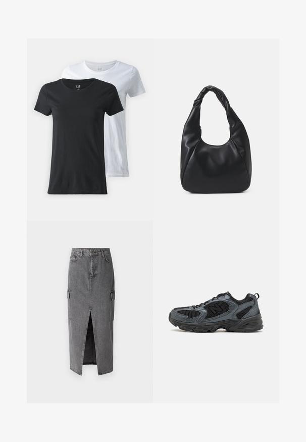 Két kereknyakú póló, egy fekete és egy fehér, pamut anyagból készült. Rövid ujjak, sima tapintású, és normál szabású.; Szürke farmer midi szoknya, egyenes szabással, két oldalsó zsebbel és elülső hasítékkal a könnyű mozgás érdekében. Klasszikus farmer textúra.; Fekete és szürke sportcipők, texturált hálós felsőrésszel, gumi talppal és támogató kialakítással. A logó és a fűzőrendszer jellemzi.; Fekete hobo táska sima bőrszerű anyagból, csavarodott füllel, puha, lekerekített formával és felső cipzárral záródik.
