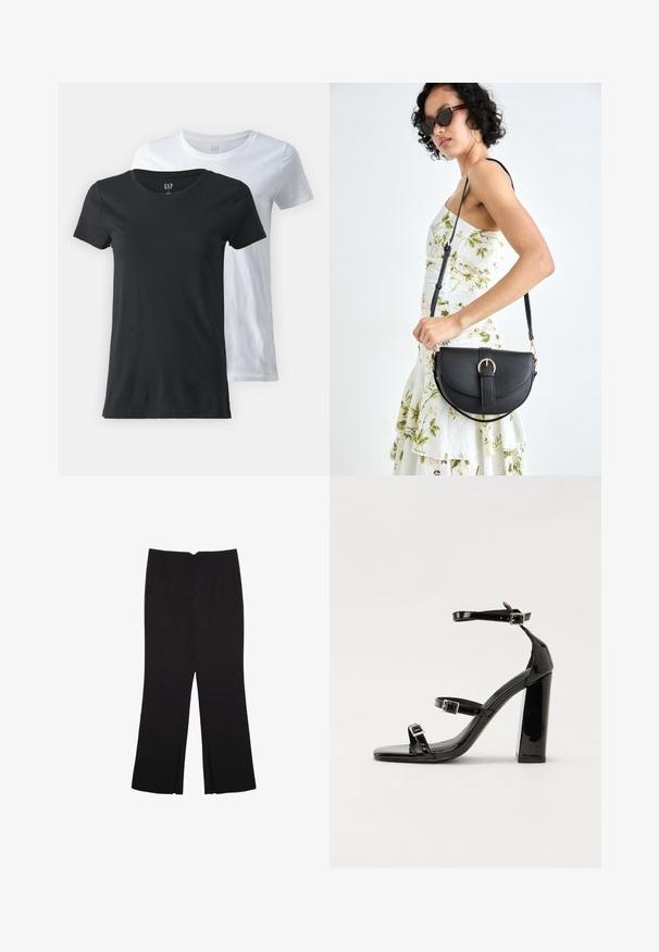 Zwei Rundhalsausschnitt-T-Shirts, eines schwarz und eines weiß, aus Baumwollstoff. Kurze Ärmel, glatte Textur und normale Passform.; Schwarze Hose mit geradem Schnitt, ausgestattet mit Fronttaschen und Seitenschlitzen am Saum. Hergestellt aus weichem, glattem Stoff. Geeignet für verschiedene Anlässe.; Schwarze patentierte Sandalen mit Absatz, quadratischer Spitze, Knöchelriemen und silbernen Schnallen. Mit einem stabilen Blockabsatz für mehr Stabilität.; Schwarze Lederhandtasche mit geschwungener Form, abnehmbarem Tragegurt und goldenen Beschlägen. Die Tasche verfügt über einen Deckel mit einer Schnallen-Details.