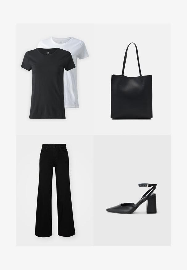 Dvoje tričiek s okrúhlym výstrihom, jedno čierne a jedno biele, vyrobené z bavlny. Krátke rukávy, hladká textúra a štandardný strih.; Čierne široké nohavice z denimu s pevným pásom, pútkami na opasok a prednými vreckami. Hladká štruktúra s klasickým dizajnom.; Čierne kožené lodičky s špicatou špičkou a členkovým remienkom, s masívnym podpätkom. Hladký povrch, elegantný dizajn a minimalistická estetika.; Čierna kožená taška na rameno s hladkým povrchom, obdĺžnikovým tvarom a dvoma dlhými uchami. Bez viditeľného kovania alebo ozdôb.