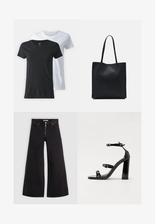 Két kereknyakú póló, egy fekete és egy fehér, pamut anyagból készült. Rövid ujjak, sima tapintású, és normál szabású.; Fekete denim széles szárú farmer, cipzáros elejével, öt zsebes kialakítással és diszkrét varrással. Sima textúra és laza stílus.; Fekete lakk magas sarkú szandál négyzet alakú orral, bokapántokkal és ezüst csatokat tartalmaz. Masszív blokk sarka a stabilitásért felel.; Fekete bőrtáska sima felszínnel, téglalap alakú, két hosszú füllel. Nincs látható fémkiegészítő vagy díszítés.